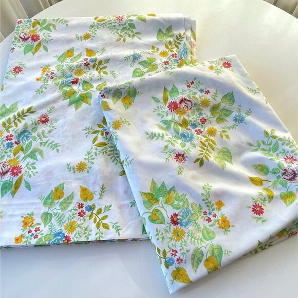 Vintage 70s bedsheets set, flat and fitted, green yellow floral, full size bed - Picture 8 of 8